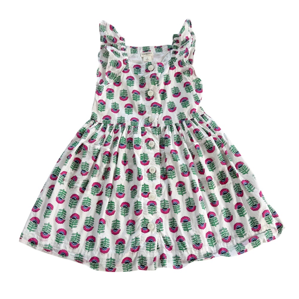 Crewcuts Floral Sundress Girls 4 White Pink Ruffle Strap Button Front Pockets